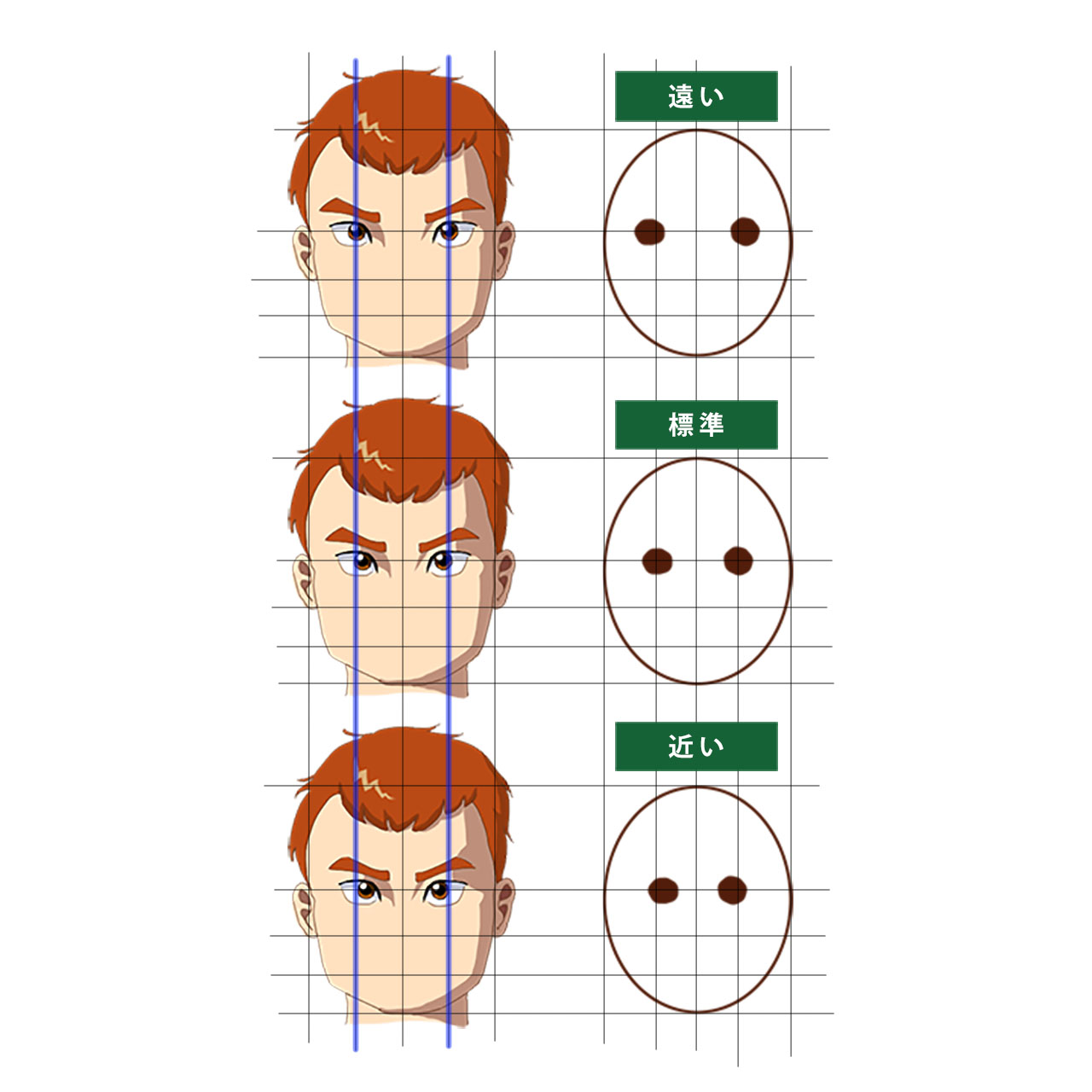 目の間隔の決め方。３人の男性の顔。目の感覚が遠い場合と、標準の場合と、近い場合の比較。